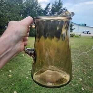 Vintage MCM Glass Pitcher With Swirl Design Smokey Amber Color